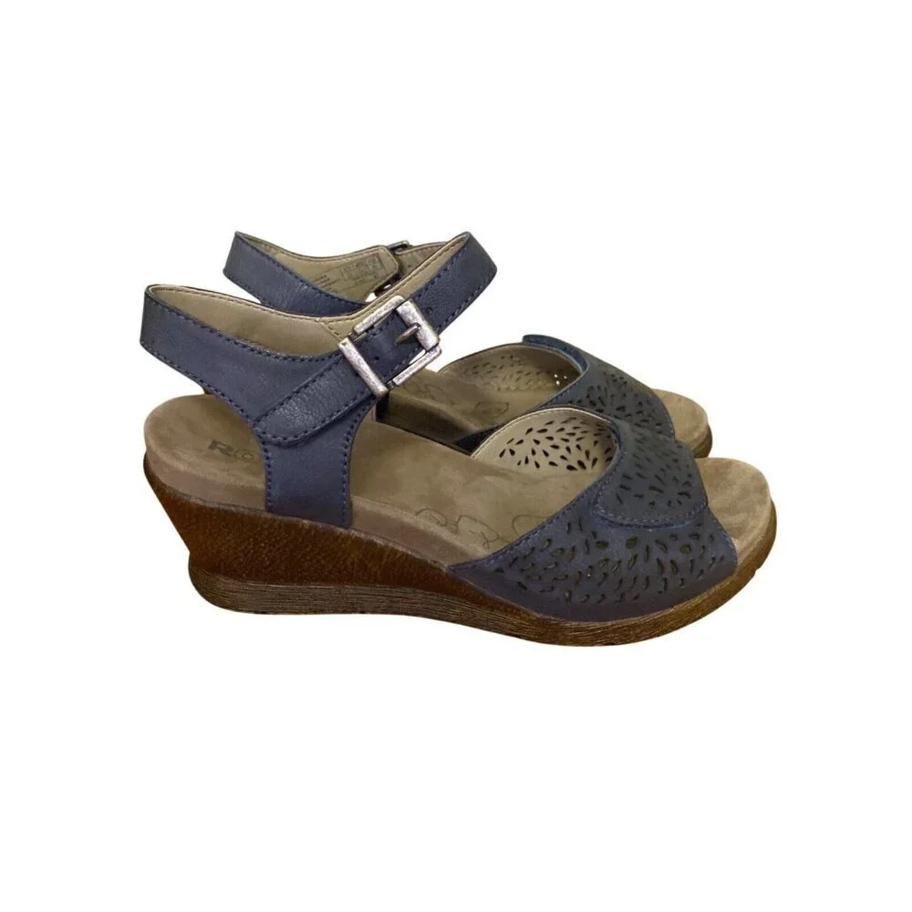 Romika Nevis 05 Blue Leather Wedge Sandals Size 37/6 Comfort Adjustable Strap